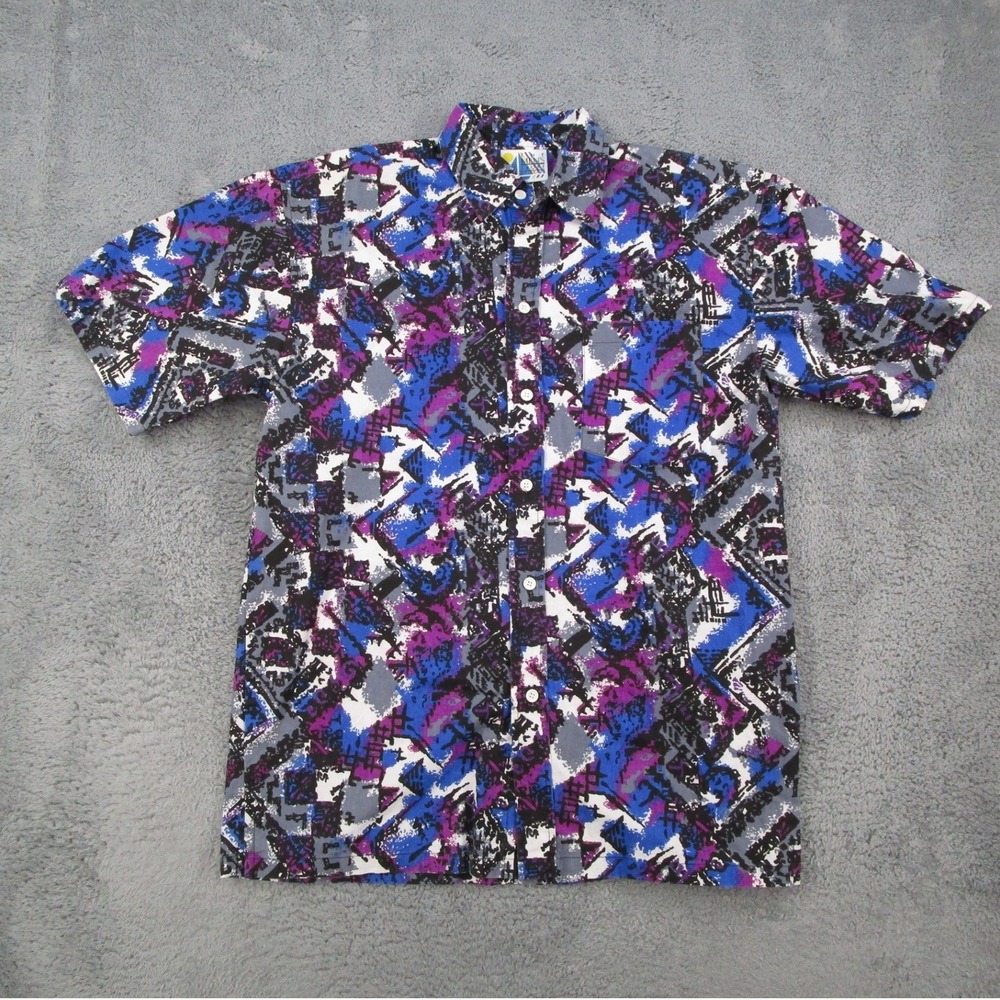 Vintage Mens Store Sears Abstract Geometric Button Down Shirt Blue Purple L 90s